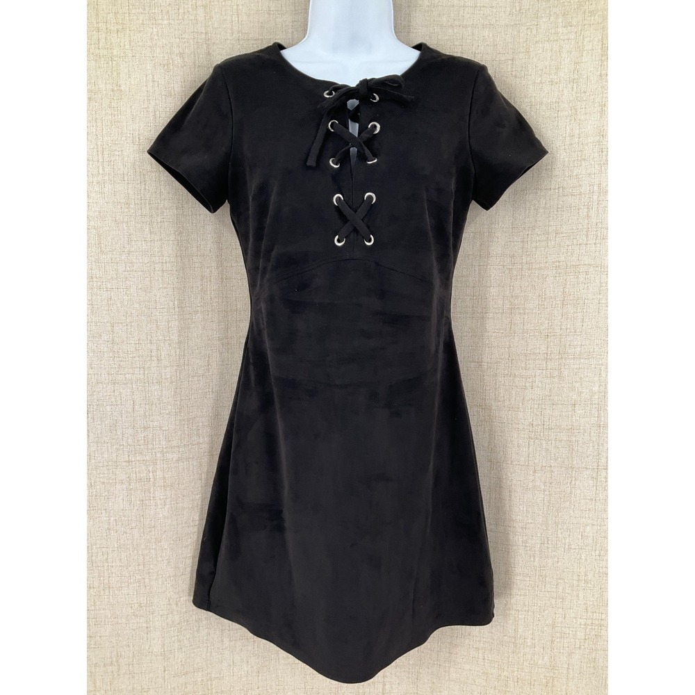 Express Black Faux Suede Lace Up Mini Dress Sz 2 Grommets Edgy Festival Goth